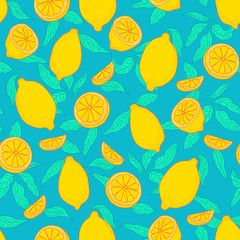 Hand drawn seamless bright lemon pattern in vector
