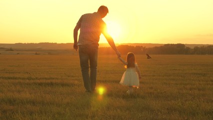 little daughter walks with her father in meadow holding hands. child holds father's hand. family...