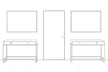A sketch of a modern interior with a door, two pictures and cabinets. Front view. 3d illustration