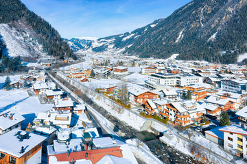 Panorama of ski resort town Mayrhofen with Ziller River Austria