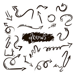 Set of black filigree curved hand drawn arrows. Vector illustration isolated on white background. vector. Doodle sketch style. Collection of pointers.