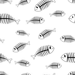 Flat line monochrome vector seamless pattern ocean fish bone, skeleton. Simplified retro. Childish cartoon style. Skull. Sea doodle art. Background. Illustration, element for your design, wallpaper.
