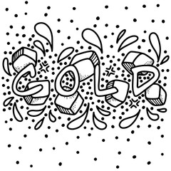The word cold is drawn on background of ice, splashes and decorative elements. Monochrome design. Doodle lettering vector composition.