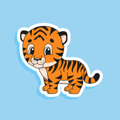 Striped tiger. Bright color sticker of a cute cartoon character. Flat vector illustration isolated on color background. Design element.