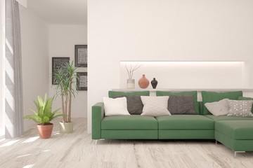 Stylish room in white color with sofa. Scandinavian interior design. 3D illustration