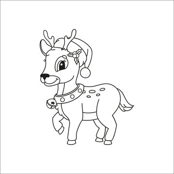 Christmas deer. Coloring book for kids. Cheerful character. Vector illustration. Cute cartoon style. Fantasy page for children. Black contour silhouette. Isolated on white background.