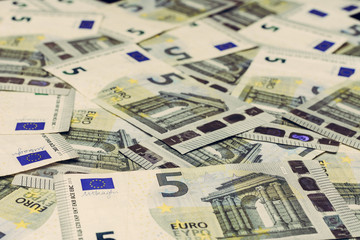 Texture with denominations of 5 euros, euro European currency. 2019