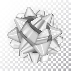 Silver Realistic Glossy Ribbon Bow on Transparent Background. Vector Illustration