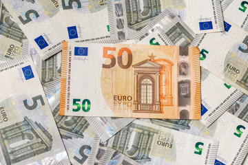 The extraordinary texture of European currency 50 euros outweigh 5 euros. 2019