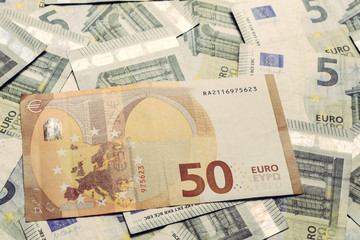 50 euros outweigh the 5 euros, European banknotes are lined in texture. 2019