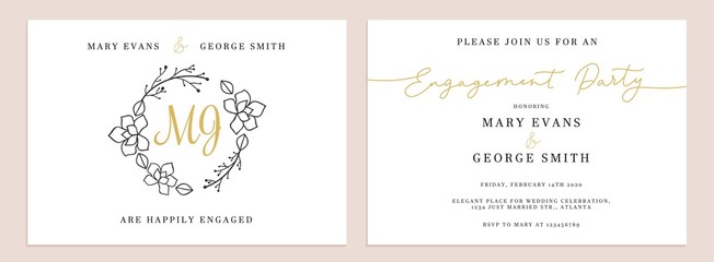 Set of wedding invitation cards design templates vector illustration. Collection consists of inviting to engagement party with stylish floral elements and place for text