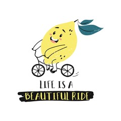 Summer card with cartoon cute lemon character vector illustration. Template with cheerful lime riding bike and smiling. Colorful lettering like is a beautiful ride. Isolated on white background