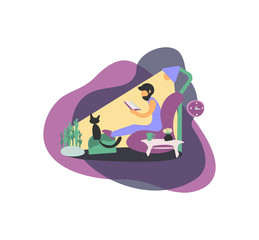 A man reading a book at home on the couch. Multicolored flat modern vector illustration.