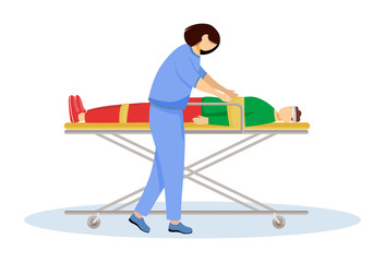 Fototapeta premium Paramedic with injured patient on stretcher flat vector illustration. Urgent care, resuscitation, reanimation. Emergency rescue worker, medic. Emt, doctor cartoon character isolated on white