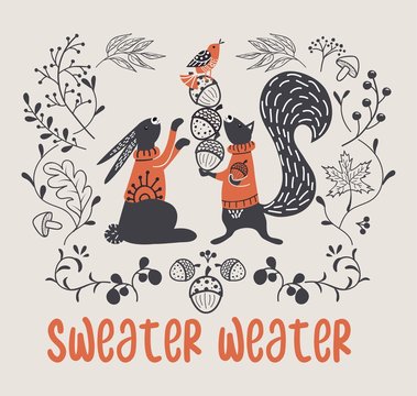 Sweater weather cozy autumn template with animals vector illustration. Poster with funny squirrel and hare in sweaters picking acorns flat style design. Isolated on gray background