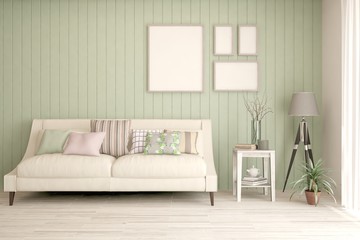 Stylish room in green color with sofa. Scandinavian interior design. 3D illustration
