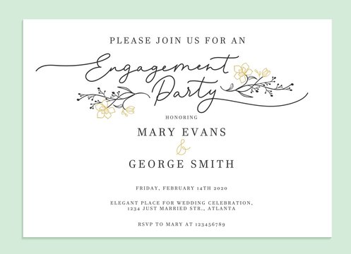 Engagement party invitation card template vector illustration. Inviting stylish design in frame with floral elements and place for text. Wedding concept