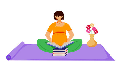 Pregnant woman reading book flat vector illustration. Learning, maternity preparation. Expectant mother sitting on floor with stack of books cartoon character on white background