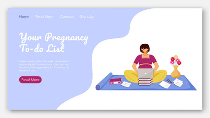 Your pregnancy to do list landing page vector template. Distant work for pregnant women website interface idea with flat illustrations. Homepage layout. Web banner, webpage cartoon concept