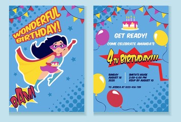 Birthday party invitation card with cute girl vector illustration. Birth inviting template with funny kid in superhero costume, air balloons and holiday cake