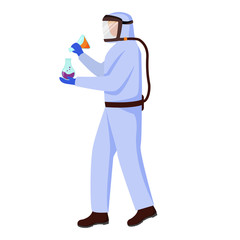 Obraz na płótnie Canvas Scientist in protective suit flat vector illustration. Conducting dangerous experiment with laboratory flasks. Man works with chemicals isolated cartoon character on white background