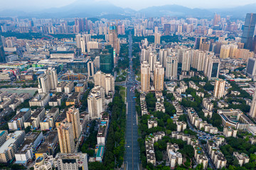 a bird's view of a main road in downtown shenzhen china
