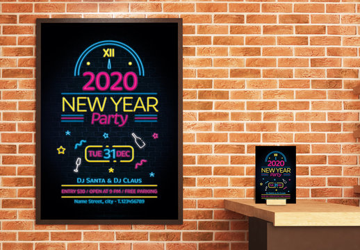 New Year's Eve Poster and Flyer Layout with Neon Style