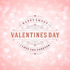 Valentines day greeting card template design with shiny hearts lights vector background