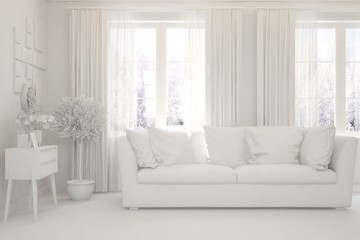 Mock up of stylish room in white color with sofa. Scandinavian interior design. 3D illustration