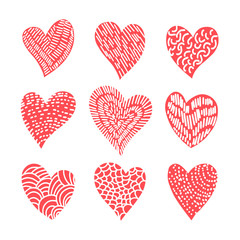 Set of isolated hearts on a white background. Freehand sketch. Abstract geometric texture.