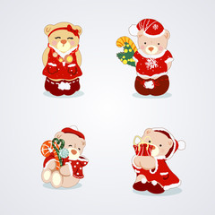 Set of Little Cute Bears in Different Christmas Costume on Light Background with Shadows. Christmas Concept Illustration for Greeting Cards, Festive Banner and the Poster Design