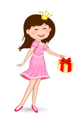 Little joyful princess with a gift. Princess in a pink dress and with a gift on a white background
