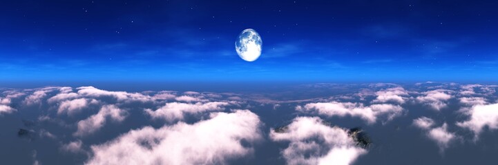 Naklejka na ściany i meble Lunar landscape, panorama of clouds under the moon, 3D rendering.