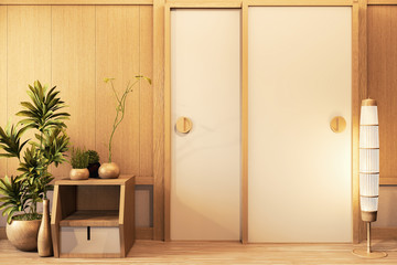 Door wooden and cabinet wooden design on Empty room white on wooden floor japanese interior design.3D rendering