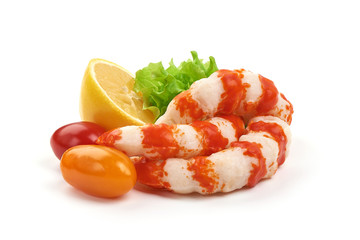 Fresh surimi shrimps with lemon, isolated on white background