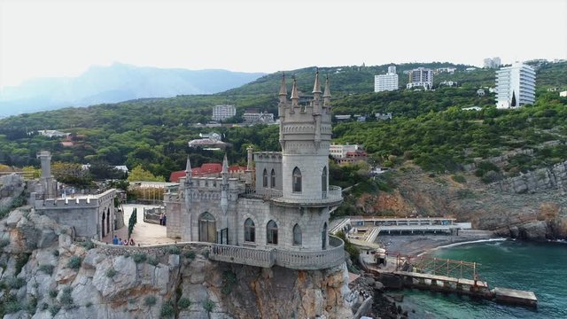 Crimea. Aerial view of Crimean coast. Yalta landmark. Swallow Nest. Black sea. castle on the edge of cliff. summer, rock, sheer