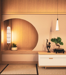 Circle shelf wall on  Living room japanese deisgn with tatami mat floor. 3D rendering