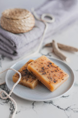 Orange soap in the bathroom