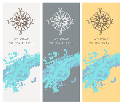 Set of vector banners with the image of a sea wave, water spray and a rose of winds. Advertising poster or flyer for travel agency. Sea travel.