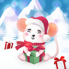 Cute rat character. Merry christmas and Happy new year 2020 invitation card. Winter holidays. Vector Illustration EPS10.