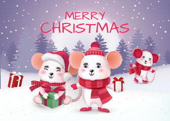 Cute rat character. Merry christmas and Happy new year 2020 invitation card. Winter holidays. Vector Illustration EPS10.