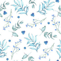Floral watercolor seamless pattern on white background with branches and flowers for design and decor.