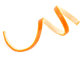 Spiral form of orange skin, isolated on white background. Top view.