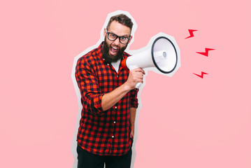 Fashion portrait of emotional hipster man with megaphone in stylish sunglasses. Sales man using...