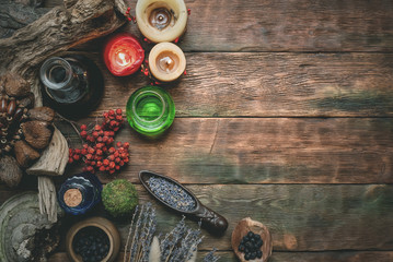 Magic potion on the wizard flat lay table background with copy space. Witchcraft, witch doctor concept.