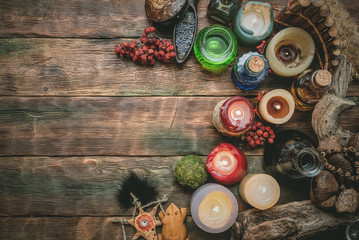 Magic potion on the wizard flat lay table background with copy space. Witchcraft, witch doctor...