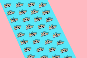 Hype sneakers on a creative colorful trend background. 80s, 90s Minimal composition