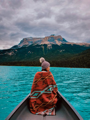 Canoeing on Emerald Lake in summer at the Yoho National Park alberta canada, woman by the Emerald...