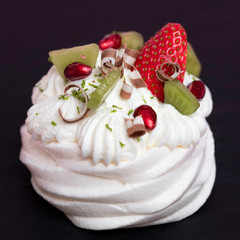 Pavlova,  white meringue with fruit and dual chocolate