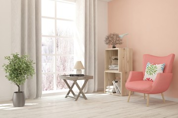 White room with armchair and winter landscape in window. Scandinavian interior design. 3D illustration